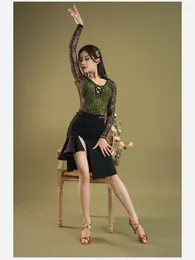 Stage Wear Women's Latin Dance Suit Long-sleeved Lace Leotard With Irregular Skirt Adult Female Practice Dancewears L22389