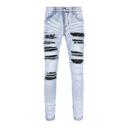 Men's Jeans trendy and fashionable blue and black patchwork leather hole slim fit jeans for men