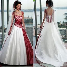 2019 Vintage Cream And Burgundy A-line Wedding Dresses Square Cap Sleeve Sweep Train Lace-up Country Garden Custom Made Gothic Bri266M