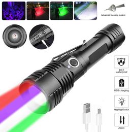 Flashlights Tactical 4 in 1 Red/Green/UV/White Light Torch Zoomable LED Flashlight Outdoor USB Rechargeable Hunting Flash Light for Camping 240122