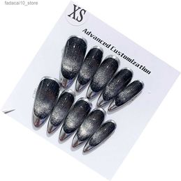 False Nails Emmabeauty Handmade Press On Nails Medium Length Water Drop Shape French Black Cat Eye Removable.No.24445 Q240122