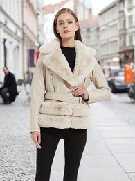 Jackets Giolshon 2022 New Spring Autumn Women Jacket Thick Warm Faux Suede Coat With Belt Faux Fur Collar PU Leather Jackets Outwear