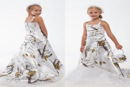 White Real Tree Camo Lace Flower Girl Dresses Custom Toddler Kids Formal Wedding Wear Camouflage Satin Birthday Party Gowns7762534