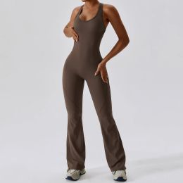 2024 New Womens Jumpsuits One Piece Yoga Outfits Sleeveless Close-fitting Dance Jumpsuit Long Pants Fast Dry Breathable Bell-bottoms Pants