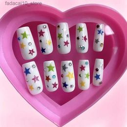 False Nails Handmade Y2K Colorful Stars Glittery Short False Nails Tips Cute Bear Press On Nail Art Reusable Long Coffin Fake Nail With Glue Q240122