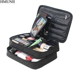 HMUNII Large Capacity Cosmetic Bag Makeup brush Organizer Double Layer Dot Pattern Travel Toiletry Bag Organizer With Mirror9448607