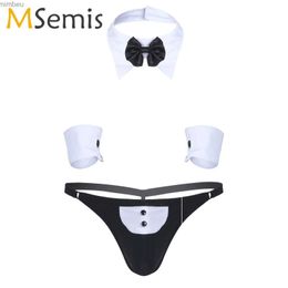 Sexy Set Sexy Set 3Pcs Mens Waiter Tuxedo Lingerie Sexy Cosplay Come Open Back G-string Jockstraps Underwear with Bow Tie Collar and Bracelets C240410