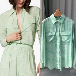 Women's Blouses Silk Fresh Texture Print Green Shirt 2024 Spring Ladies Double Pockets Single-Breasted Long-Sleeved Blouse