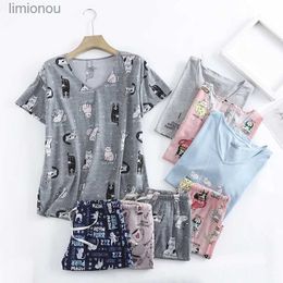 Women's Sleep Lounge Plus Size shorts pajamas sets women knit cotton cute cartoon Short sleeve loose pyjamas women sleepwear Large size summerL240122