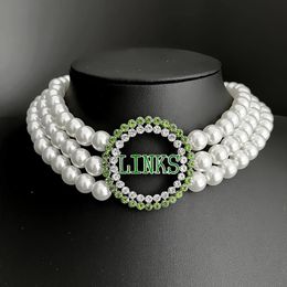 Necklaces Personality links incorporated INC sorority society Green Rhinestone charm threelayer Pearl Necklace Choker