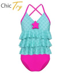 Wear Girls Mermaid Swimsuit Fish Scales Swimwear Sleeveless Crop Tops with Swim Trunks Set Tankini Bathing Suit Seaside Beach Wear