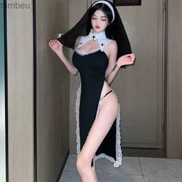 Sexy Set Women Sexy Lingerie Nun Uniform Cosplay Role Play Comes Halloween Stage Outfit High Neck Flare Sleeve Dress with HeadscarfL240122