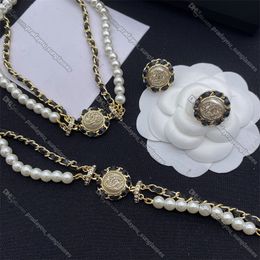 Vintage Pearl Double Chain Necklaces Double Letter Earrings Black Woven Rope Diamond Bracelet Ear Studs Jewellery Sets