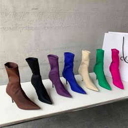 Boots New Spring Autumn Stretch Fabric Women Ankle Boots Sexy Pointed Toe High Heels Fashion Female Socks Pumps Shoes 220913