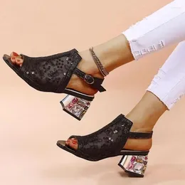 Sandals 2024 Women Summer Fashion Mid Heels Peep Toe Shoes For Glitter Ladies Buckle Strap Bling Rhinestone