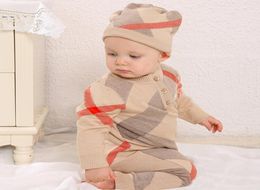 Baby Desiger Clothes Baby Rompers Spring Autumn Romper knitted plaid Kids Designer Cartoon Infant Jumpsuits Clothing with beanie c5842989