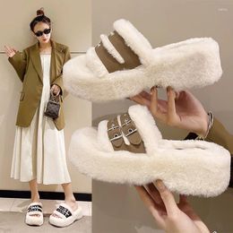 Slippers Thick Soled Belt Buckle Plush For Women's 2024 Autumn/winter Fashionable Cotton