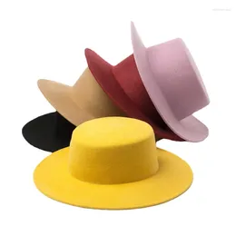 Berets Wool Fedora Hats Women High Quality Round Flat Top Boater Hat Ladies Wide Brim Solid Color Party Wedding Performance Cap