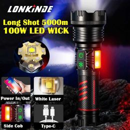 Flashlights Super Power LED Flashlight Torch with 100W Wick and Double Side Lights Lighting Distance 5000m Waterproof Tactical Hunting Light 240122
