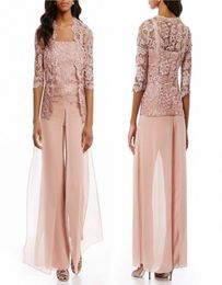 Cheap Pink Mother Of The Bride Pant Suits With Jacket Chiffon Lace Beach Wedding Guest Mothers Groom Dress Formal Outfit Garment W6997186