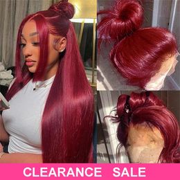 Burgundy 13x6 HD Lace Frontal Human Hair Wigs Straight 99J 13x4 Transparent Lace Front Wig on Sale Clearance Brazilian Coloured