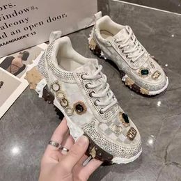 Luxury Designer Women Rhinestone Dress Shoes Beige Sport Casual shoes Italy Fashion Women mesh platform shoes loafers round toe Lady Party shoes