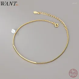 Anklets WANTME 925 Sterling Silver Fashion Simple Elbow Ball Bead Statement Gold Anklet For Women Tassel Zircon Charm Beach Foot Jewelry