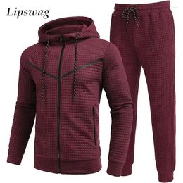 Men's Tracksuits Fashion Waffle Hooded Sweatshirts And Pants Men 2024 Fall Casual Loose Two Piece Sets For Mens Clothing Outdoor Suits