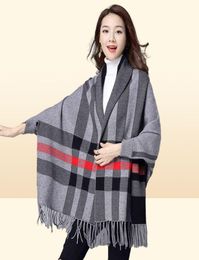 ZJZLL Fashion Long Fringed Multicolor Winter Warm Shawl And Wrap With Sleeves Plaid Knitted Pashmina Striped Cape Sweater Poncho Y8747399