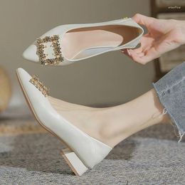 Dress Shoes 3cm Women Pumps Low Heels Ol Office Lady Female White Crystal Wedding Square Button Boat Black Ladies