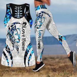 Capris Love Horse Tatoo 3d All Over Printed Hollow Tank Top & Leggings Set Fiess Female Full Length Leggings Running Pants Ddk74