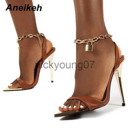 Sandals Aneikeh 2024 Summer Thin High Heels Women's Shoes Fashion Sexy Metal Decoratio Cross-Tied Retro Patchwork Head Peep Toe SandalsJ240122