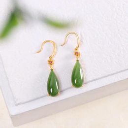 Dangle Earrings S925 Sterling Silver Gold-Plated Inlaid Natural Hetian Jade Green Water Drop Elegant And Ethnic