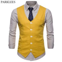 Casual Cotton Linen Mens Suit Vest Slim Fit Single Breasted Sleeveless Waistcoat Male White Yellow Green Orange Light Blue M4XL 240119