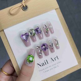 False Nails Emmabeauty Acrylic Handmade Press On Nails in Gradient Purple Heart Theme Reusable Fake Tips with Tools No.EM24340 Q240122