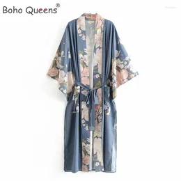 Women's Swimwear Boho Queens Women Floral Print Sashes Bohemian Robe Ladies V Neck Batwing Sleeves Happie Maxi Kimono Cover-ups
