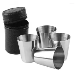 Mugs 4/6pcs Set Outdoor Mini Glasses Stainless Steel Cups Ss For Whisky Wine Beer Cup With Leather Cover Bag 30ml