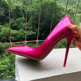 Dress Shoes Women Sexy Elegant Pumps Stilettos Glossy Patent Leather Rose Pink High Heels Pointed Toe Party Celebrity Wedding