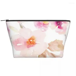 Cosmetic Bags Watercolor Pink Purple Floral Trapezoidal Portable Makeup Daily Storage Bag Case For Travel Toiletry Jewelry