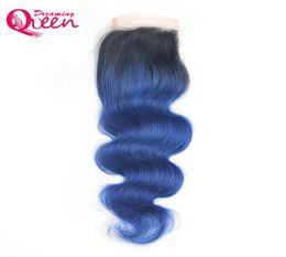 T1B Ocean Blue Colour Body Wave Lace Closure Ombre Brazilian Virgin Human Hair 4X4 Lace Closure With Baby Hair Natural Hairline Clo5057663