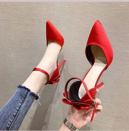 Dress Shoes Women Suede Bow Pointed Toe Heels Professional Ladies Shallow Mouth Work Elegant Office Sandals