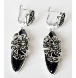 Earrings Luxury real Hot Sellhot sell new 11/2" New 925 Sterling Silver & Marcasite inlay Natural Black stone fashion Earrings