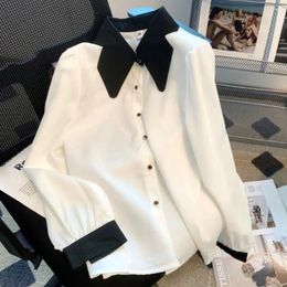 Women's Blouses Contrasting Colour Suit Collar Shirts Autumn 2024 Fashion Long Sleeved Cardigan Chiffon Loose Top