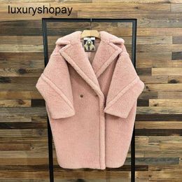 Top Maxmaras Teddy Bear Coat Womens Cashmere Coats 2024 Autumnwinter New Smoke Pink Fur Particle Camel Fleece Medium Length Outwear Light Luxu