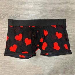 Underpants Full "Hearts" Men's Sexy Underwear Transparent Mesh Printing Boxer Shorts Breathable Male Trunk Plus Size