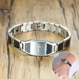 Bracelets Cross Magnetic Bracelet Men Stainless Steel Hand Chain ID Bracelets Black Carbon Fiber Magnetic Energy Bracelet Men Dropshipping