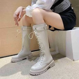 Boots Dress Shoes Black Leather Long Women Autumn Winter Fashion Round Toe Lace Up Platform Retro Combat Botas De Mujer