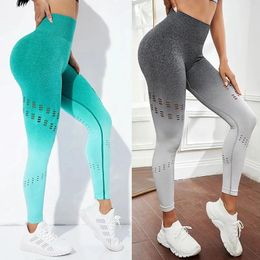 Pants New Gradient Mesh Leggings Hollow Sports Fiess Legging High Waist Butt Lift Yoga Pants Push Up Gym Pant Women Workout Leggings