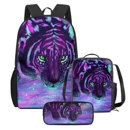 Bags Purple Tiger Print Kids Backpack Lightweight Daypack Set 3 Pieces with Lunch Bag Pencil Case for Teenagers Girls Boys School Bag