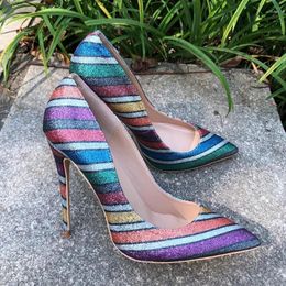 Dress Shoes Women Rainbow Iridescent High Heels Shiny Glitter Pointy Toe Stilettos Ladies Slip On Pumps Sexy Party 12/10/8cm